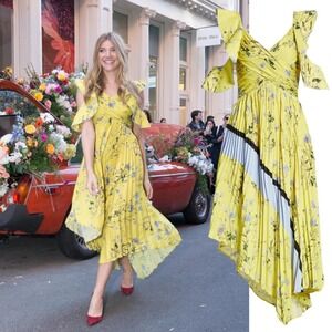 Self Portrait, NWT Yellow Floral Asymmetrical Midi Cocktail Dress, size 6